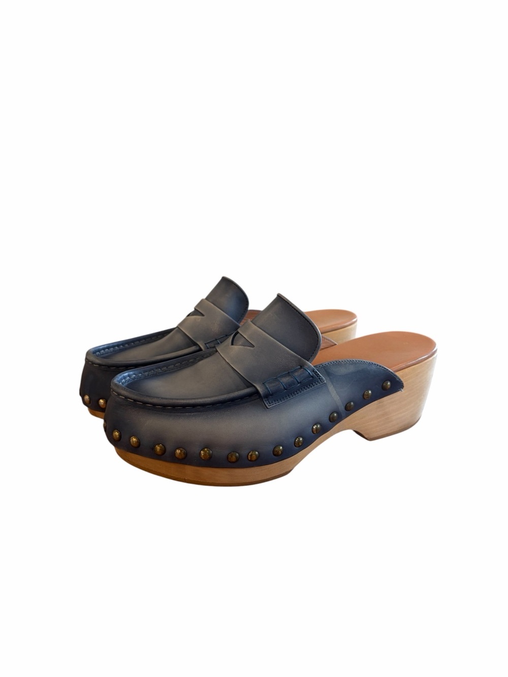 Santoni Blue Leather Penny Loafer Platform Clogs Studded Wood Mules 40.5